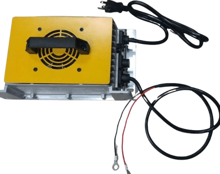 48V LiFePo4 golf cart charger with yellow casing, cooling fan, and electrical connections, designed for reliable energy storage solutions.