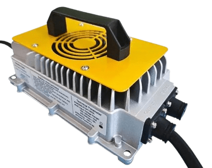 48V 18A LiFePo4 battery charger with a yellow top and cooling fan, designed for marine and energy storage applications, emphasizing eco-friendly power solutions.